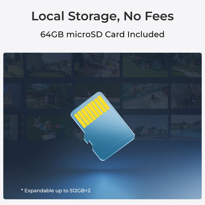 MicroSD-kort mærket Lokal lagring, ingen gebyrer 64GB medfølger udvides til 2x512GB overvågning med Altas 2K-kameraer.