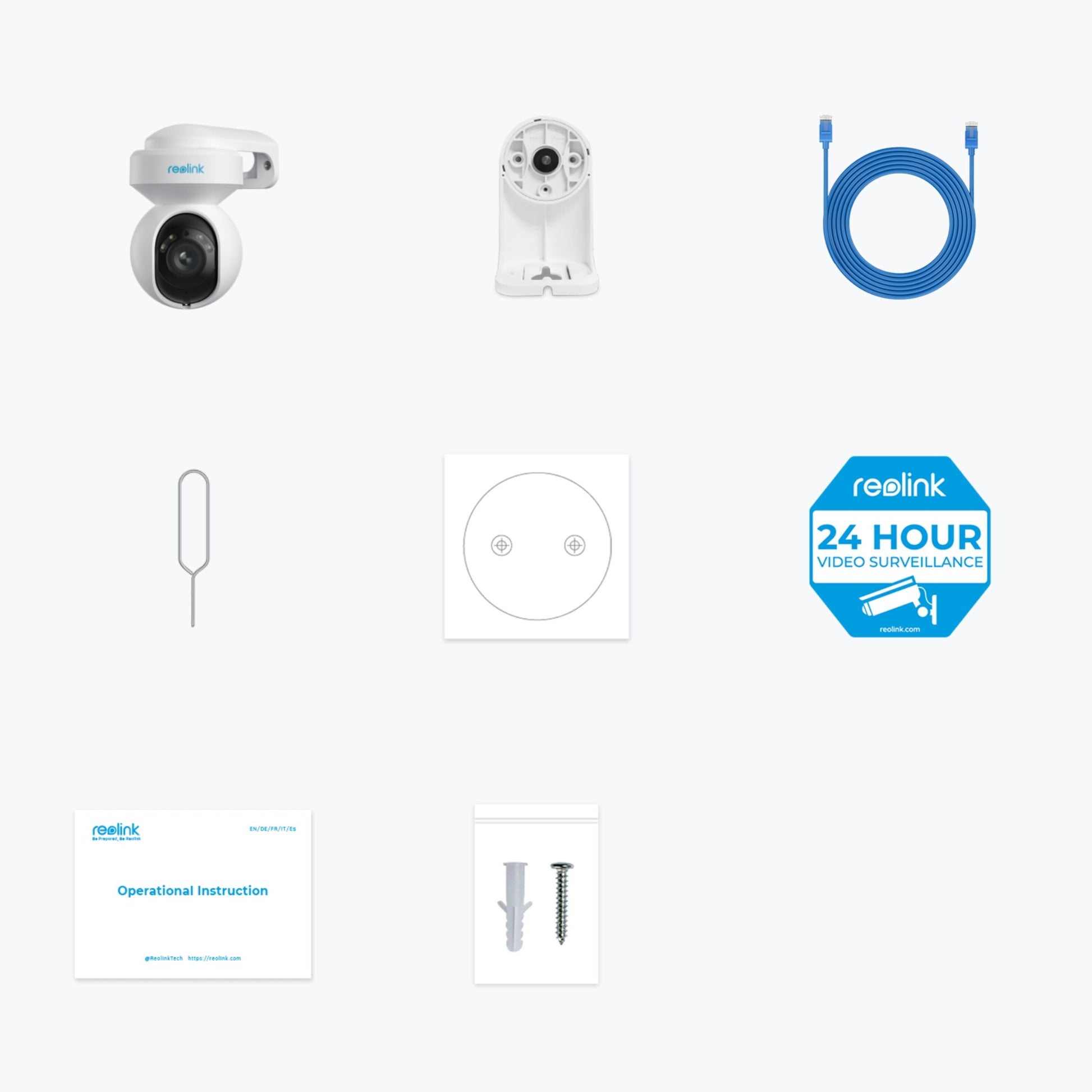 Reolink E1 Udendørs PoE overvågningskamera 4K, vægbeslag, blåt Ethernet-kabel, SIM-værktøj, klistermærke, overvågningsskilt, manual, skruer.