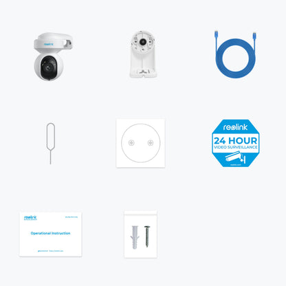 Reolink E1 Udendørs PoE overvågningskamera 4K, vægbeslag, blåt Ethernet-kabel, SIM-værktøj, klistermærke, overvågningsskilt, manual, skruer.
