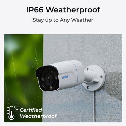Reolink P330 4K overvågningskamera monteret udendørs i regn, tekst: Certificeret vejrbestandig, IP66 vejrbestandig.