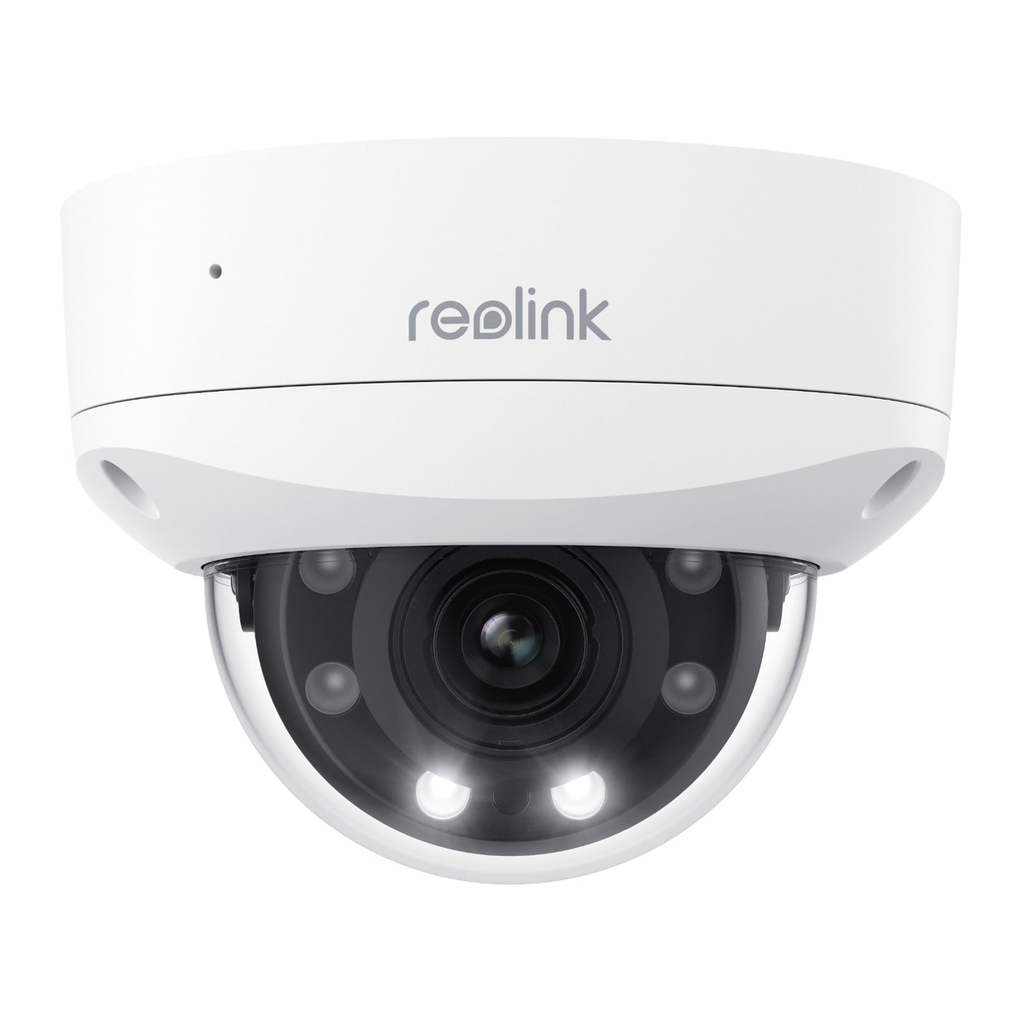 Reolink P437 Dome 4K overvågningskamera med klart dæksel, Reolink-logo, kameralinse og infrarøde sensorer til nattesyn.