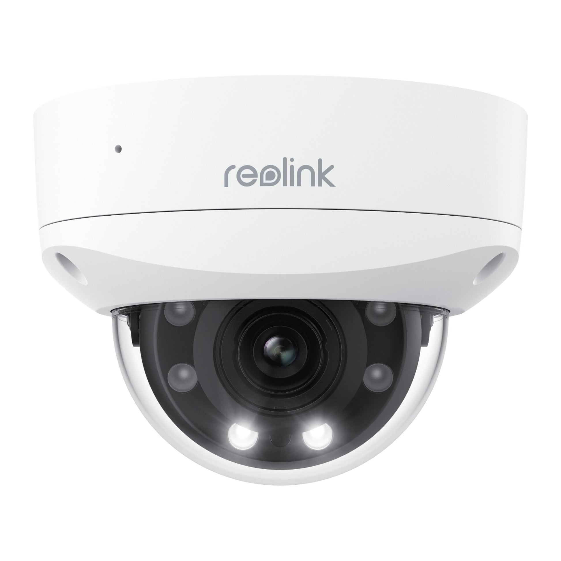 Reolink P437 Dome 4K overvågningskamera med klart dæksel, Reolink-logo, kameralinse og infrarøde sensorer til nattesyn.