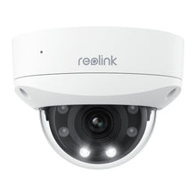 Reolink P437 Dome 4K overvågningskamera med klart dæksel, Reolink-logo, kameralinse og infrarøde sensorer til nattesyn.