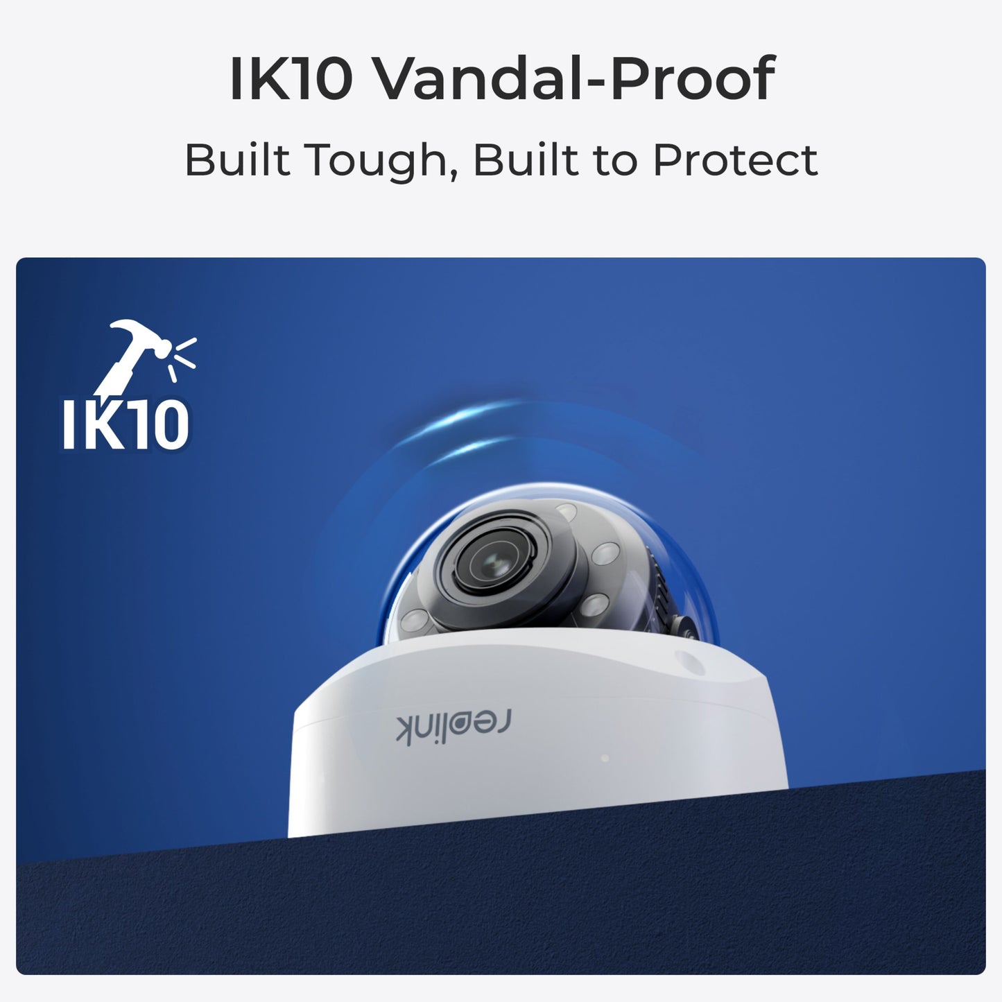 Reolink P437 Dome 4K-overvågningskamera IK10 Vandal-Proof hammerikon farvenattesyn blå baggrund.