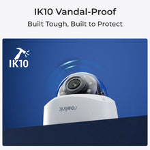 Reolink P437 Dome 4K-overvågningskamera IK10 Vandal-Proof hammerikon farvenattesyn blå baggrund.
