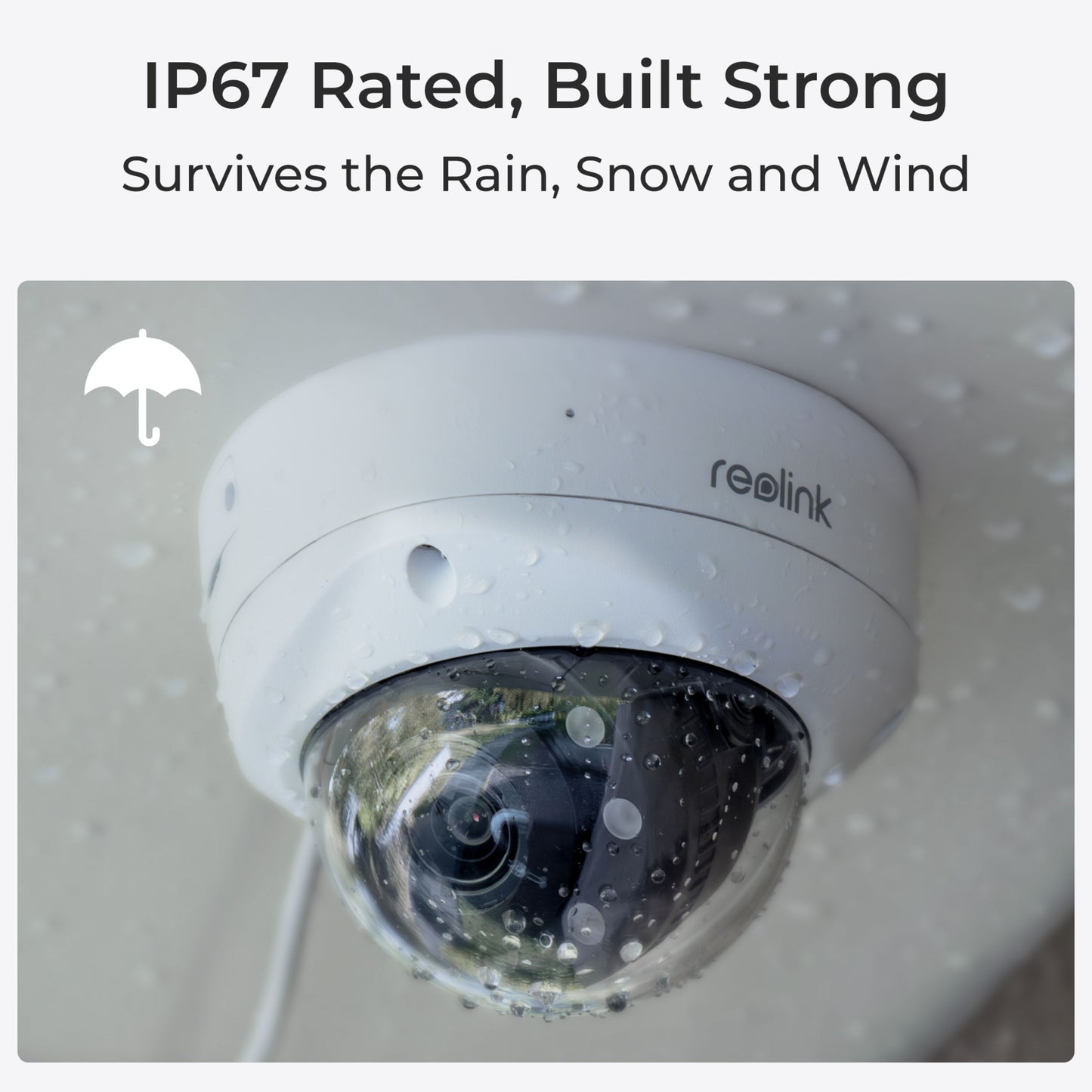 Reolink P437 Dome 4K overvågningskamera udendørs med vanddråber, IP67, Reolink-logo, paraply-ikon til venstre.