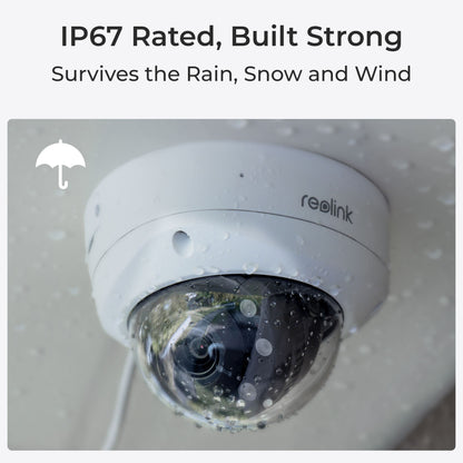 Reolink P437 Dome 4K overvågningskamera udendørs med vanddråber, IP67, Reolink-logo, paraply-ikon til venstre.