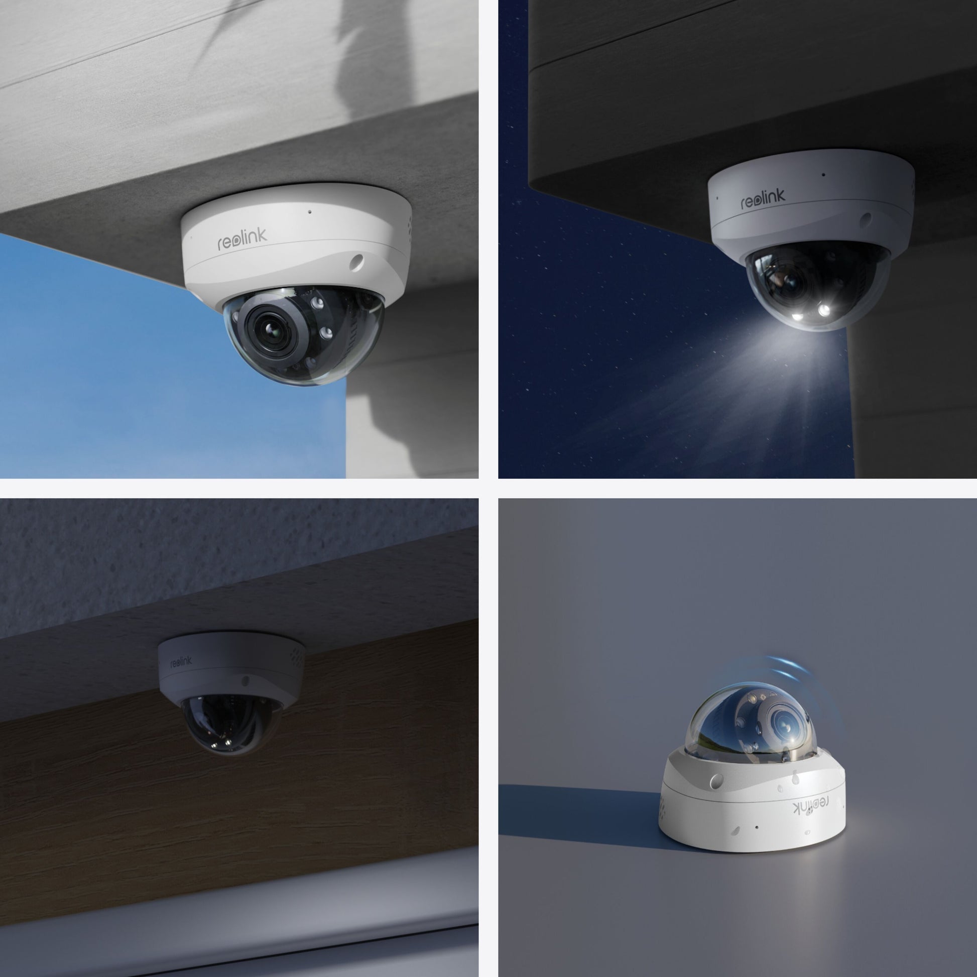 Reolink P437 Dome 4K-overvågningskamera på loft i forskellige lys, viser farvenattesyn og IK10 holdbarhed.
