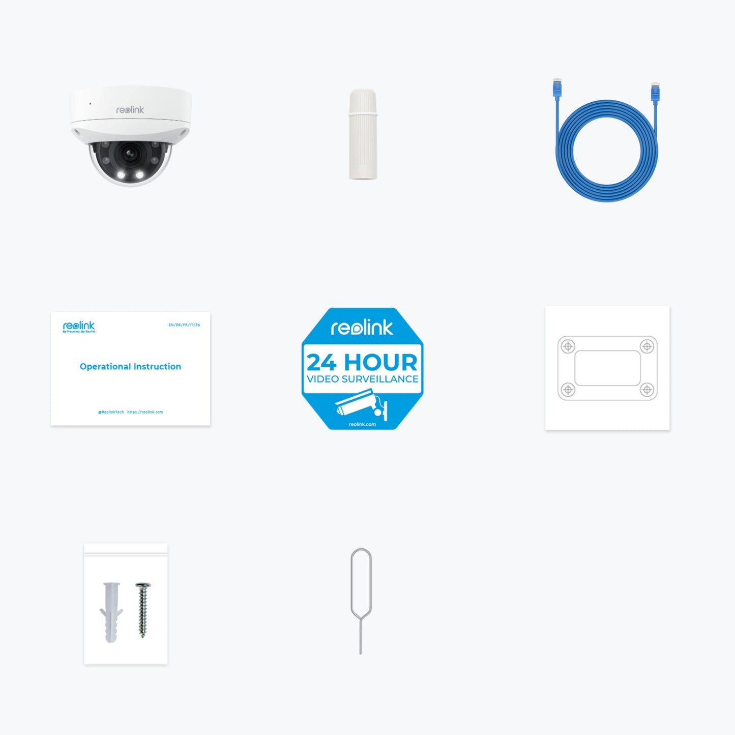Reolink P437 Dome 4K-overvågningskamera, farvenattesyn, cylindrisk sensor, blåt Ethernet-kabel og tilbehør.