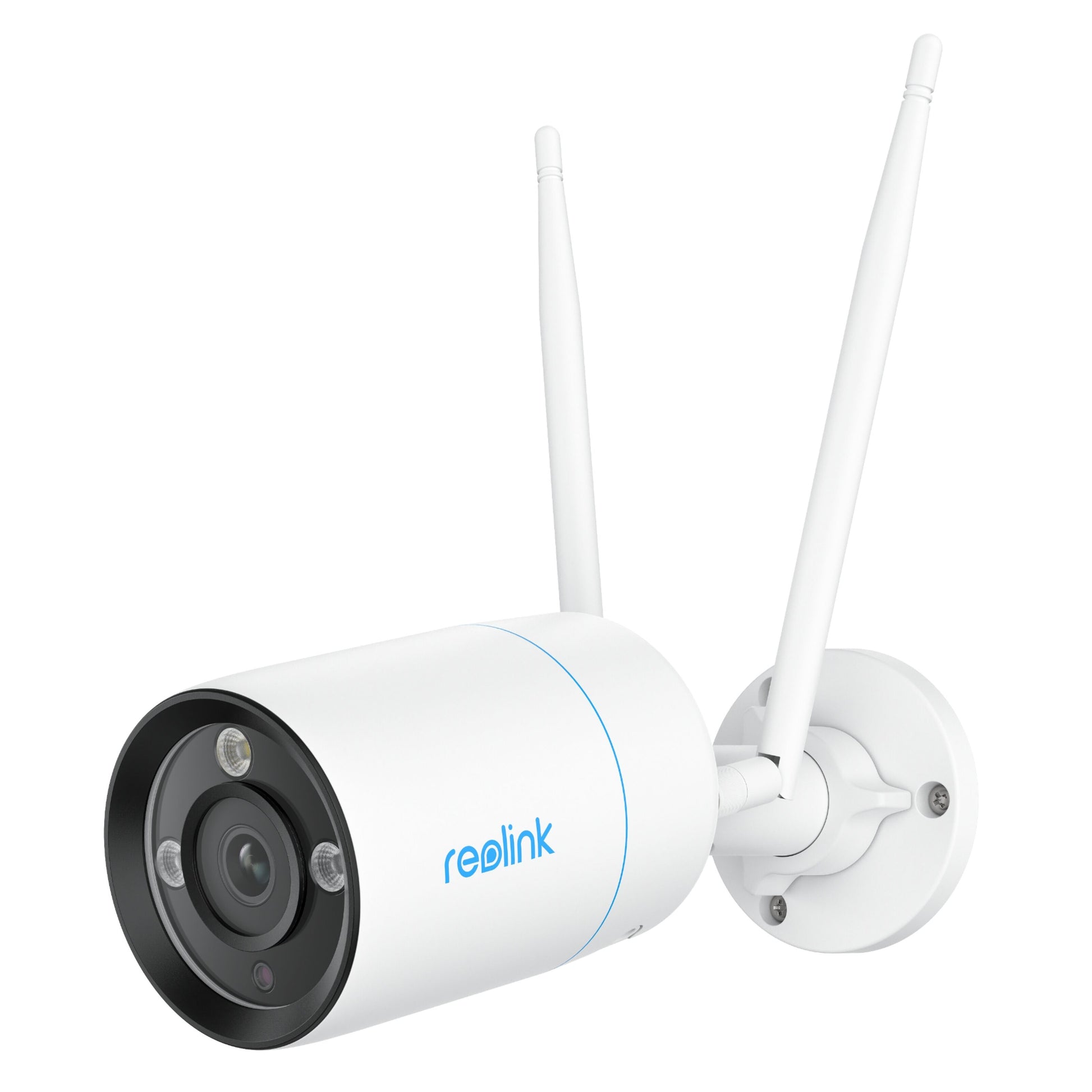 Reolink W330 4K WiFi 6 overvågningskamera, cylinderformet, to antenner, vægbeslag, infrarødt lys rundt om linsen.