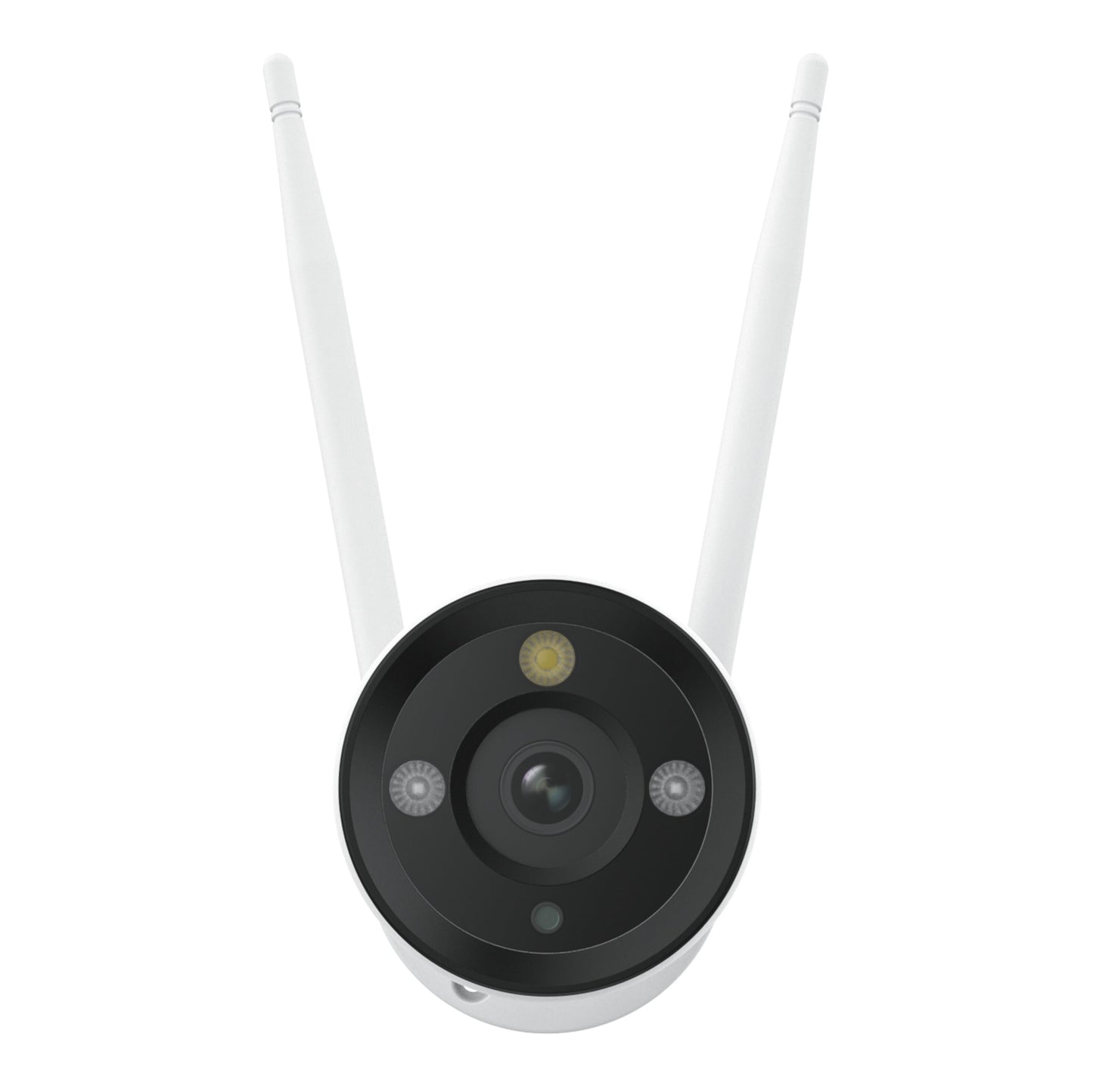 Reolink W330 4K WiFi 6-overvågningskamera front, to antenner, rund linse med sensorer og LED-lys, hvid.