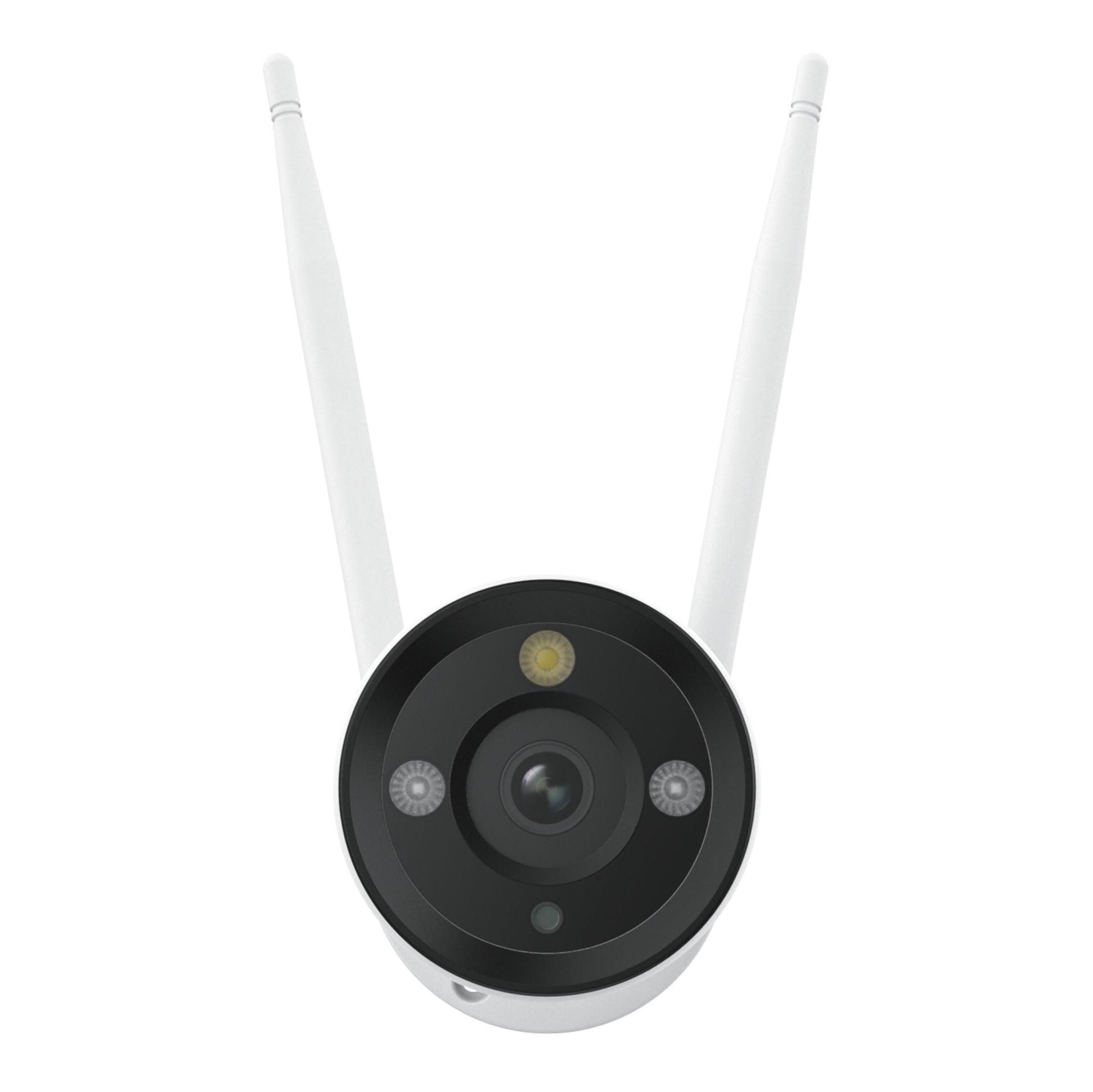 Reolink W330 4K WiFi 6-overvågningskamera front, to antenner, rund linse med sensorer og LED-lys, hvid.