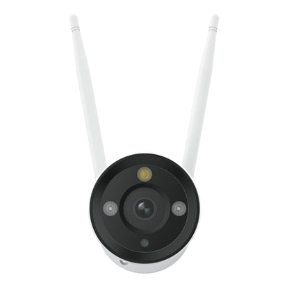 Reolink W330 4K WiFi 6-overvågningskamera front, to antenner, rund linse med sensorer og LED-lys, hvid.