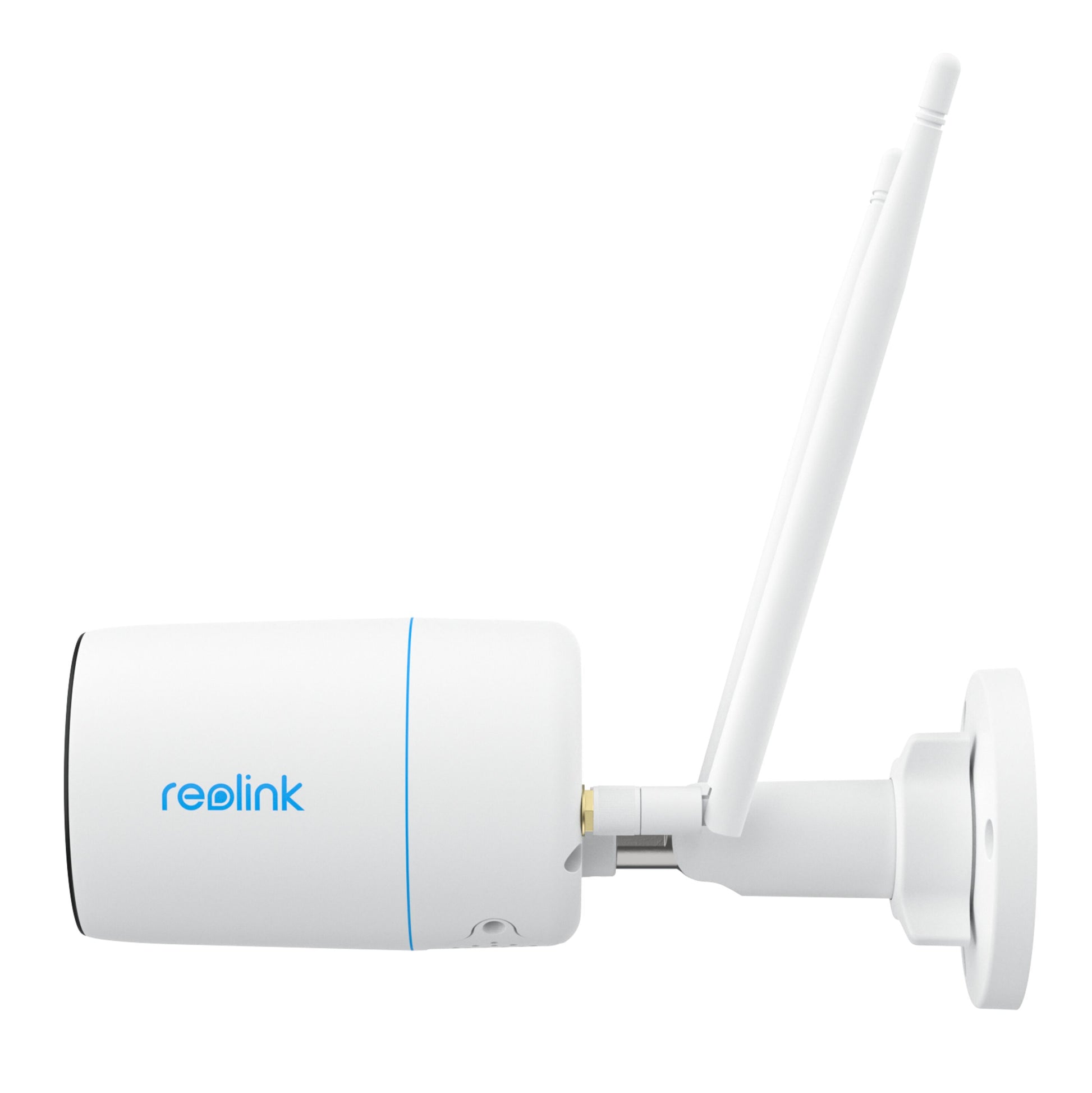 Reolink W330 4K Wifi 6 overvågningskamera, hvid, udendørs, vægbeslag, to antenner, farvenatvision, sideview.