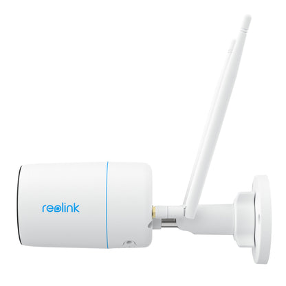 Reolink W330 4K Wifi 6 overvågningskamera, hvid, udendørs, vægbeslag, to antenner, farvenatvision, sideview.