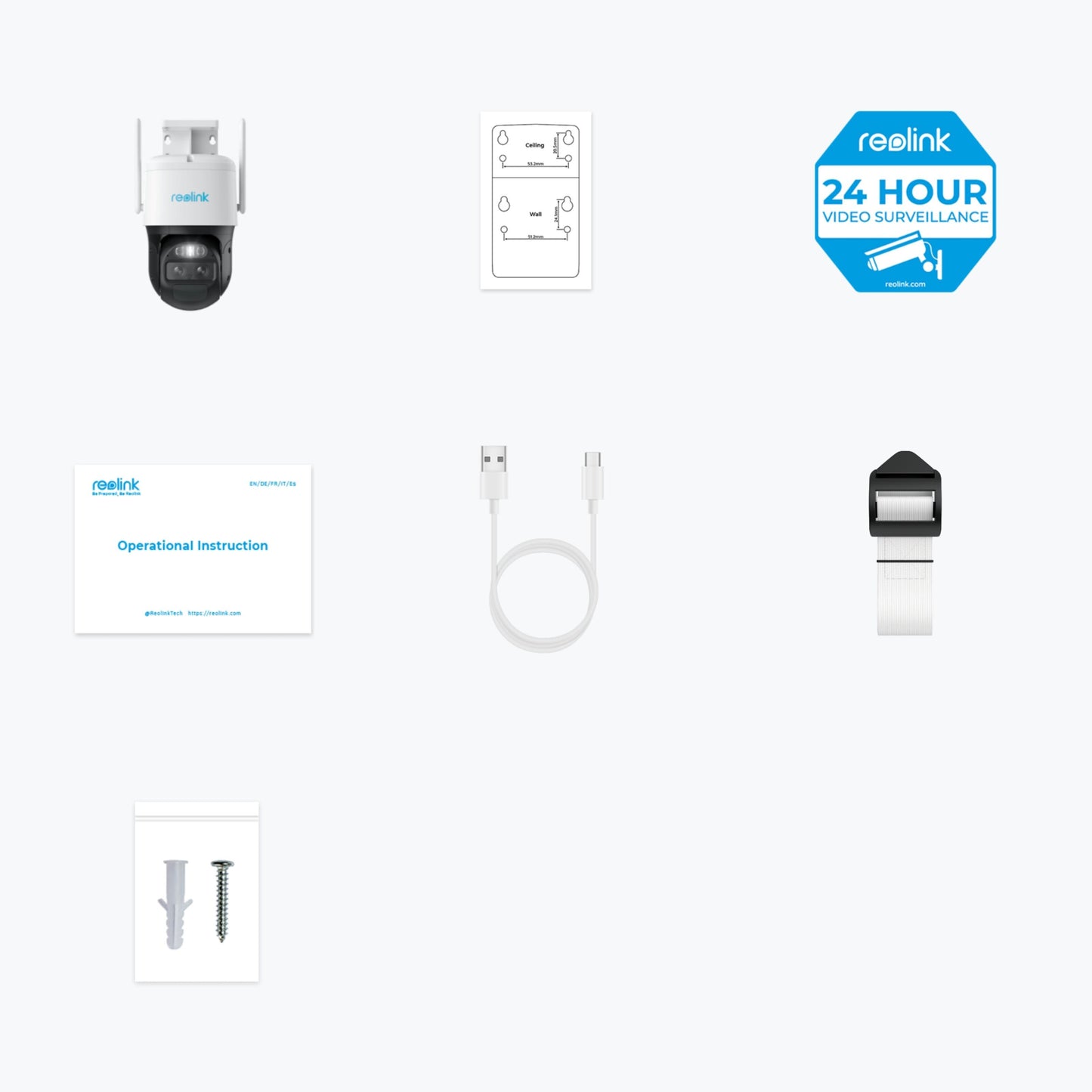 Reolink TrackMix LTE PTZ-overvågningskamera med instruktioner, monteringskabelon, mærkat, USB-kabel, rem og skruer.