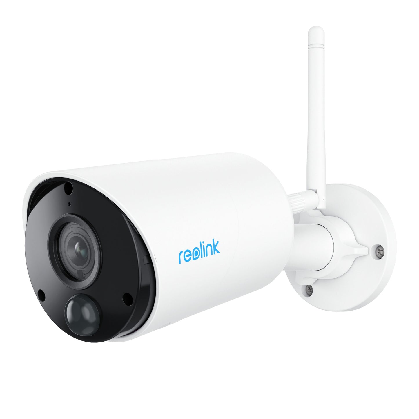 Reolink Argus Eco hvid trådløs overvågningskamera, cylinderformet med antenne, sort front, synlig linse og sensor på vægbeslag.