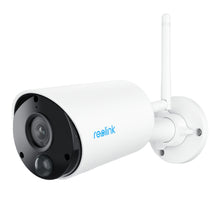 Reolink Argus Eco hvid trådløs overvågningskamera, cylinderformet med antenne, sort front, synlig linse og sensor på vægbeslag.