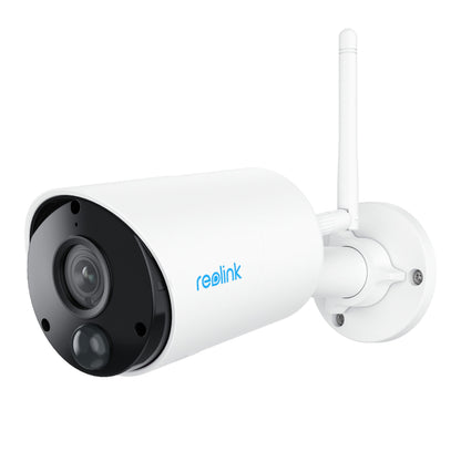 Reolink Argus Eco hvid trådløs overvågningskamera, cylinderformet med antenne, sort front, synlig linse og sensor på vægbeslag.