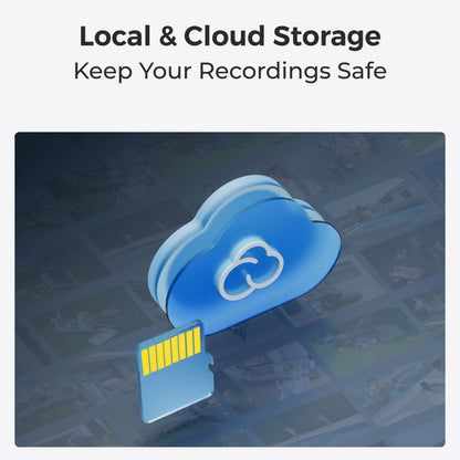 Reolink Argus Eco trådløs overvågningskamera, cloud- og hukommelseskort ikon, tekst: Lokal og cloud-lagring holder dine optagelser sikre.