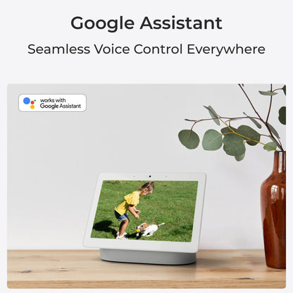 Reolink Argus Eco trådløst overvågningskamera med Google Assistant-logo, WiFi-funktion og skærmvisning af barn og hund.