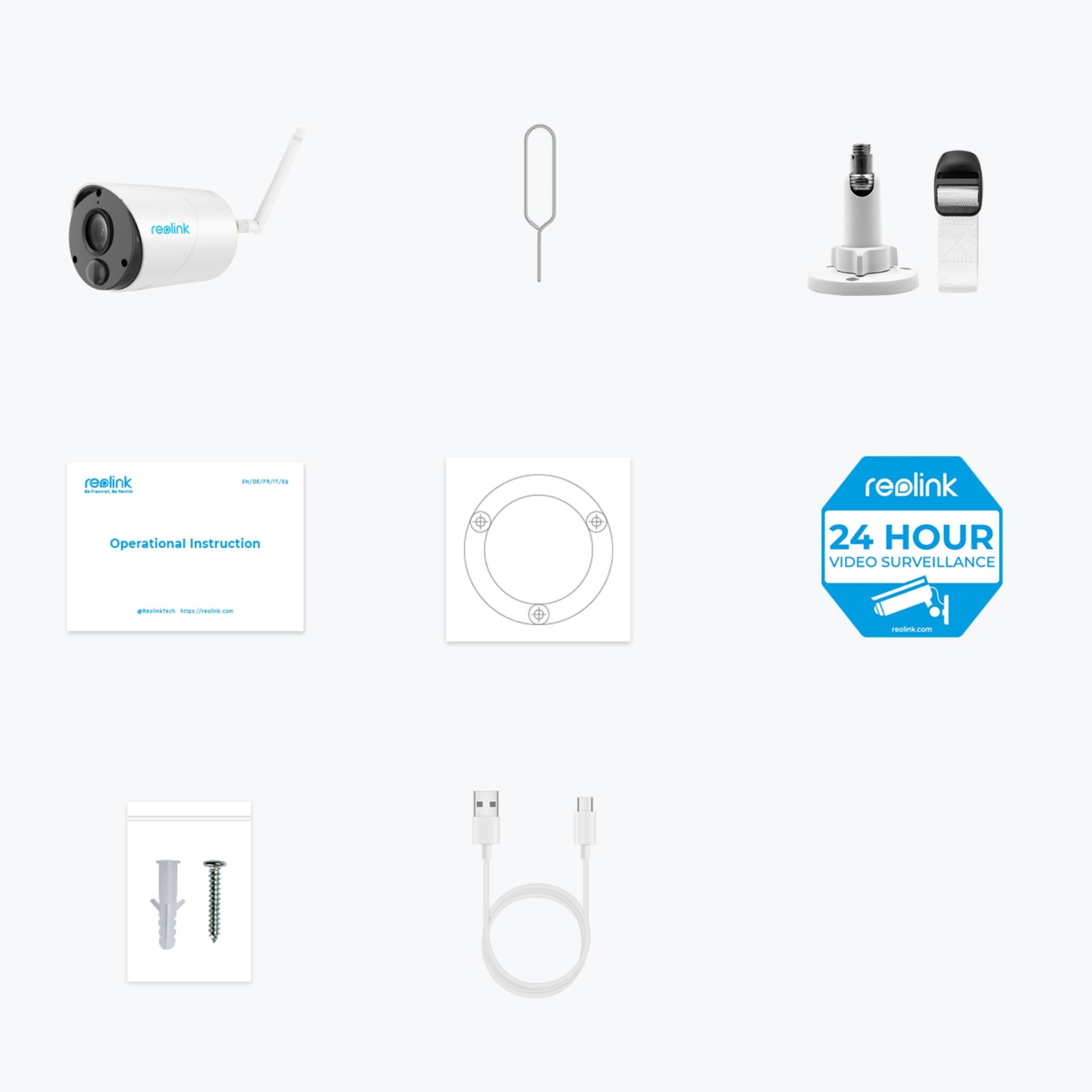Reolink Argus Eco trådløs overvågningskamera kit med kamera, reset-nål, beslag, monteringsplade, manual og USB-kabel.