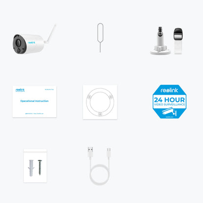 Reolink Argus Eco trådløs overvågningskamera kit med kamera, reset-nål, beslag, monteringsplade, manual og USB-kabel.