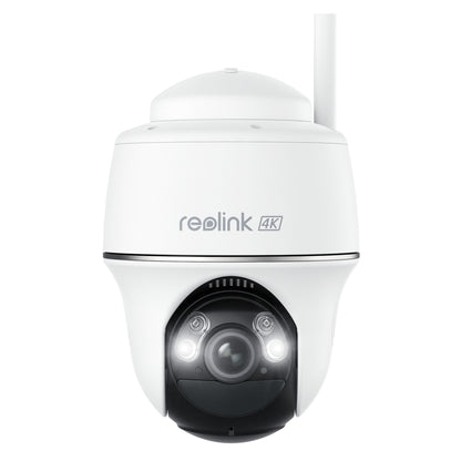 Reolink Argus PT Ultra trådløs 4K overvågningskamera med to antenner, LED-lys og tydelig markeret linse.