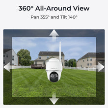 Reolink Argus PT Ultra trådløst 4K overvågningskamera, monteret udendørs, vises med 355° panorering og 140° vippefunktion.