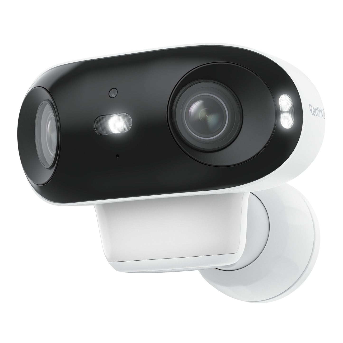 Reolink Argus 4 Pro trådløst 4K overvågningskamera med to linser og LED-lys, monteret på vægbeslag.