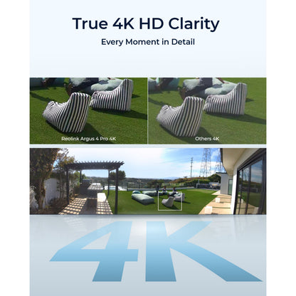 Reolink Argus 4 Pro trådløs 4K overvågningskamera vs. andet 4K kamera udendørs, tydeligt "4K" tekst, billedkvalitet sammenlignet.