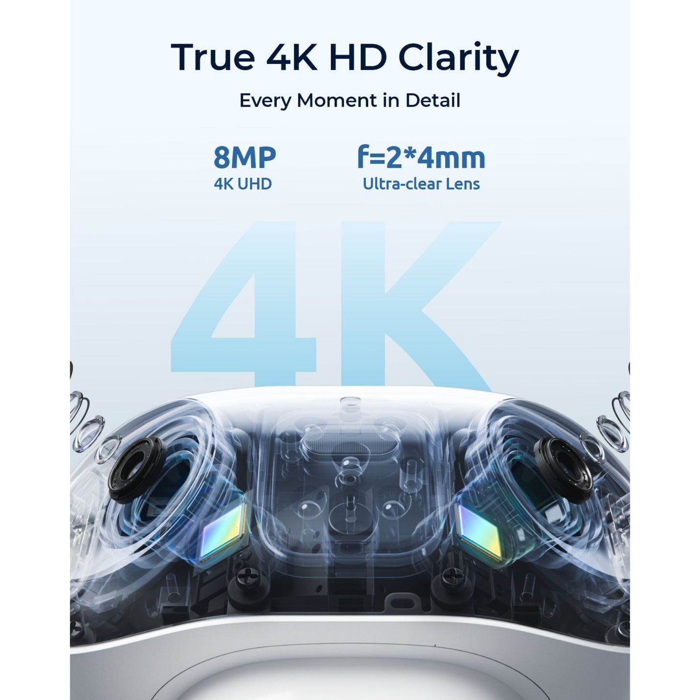 Reolink Argus 4 Pro trådløst 4K overvågningskamera, close-up af linse med 8MP UHD og f=24mm ultraklar linse.
