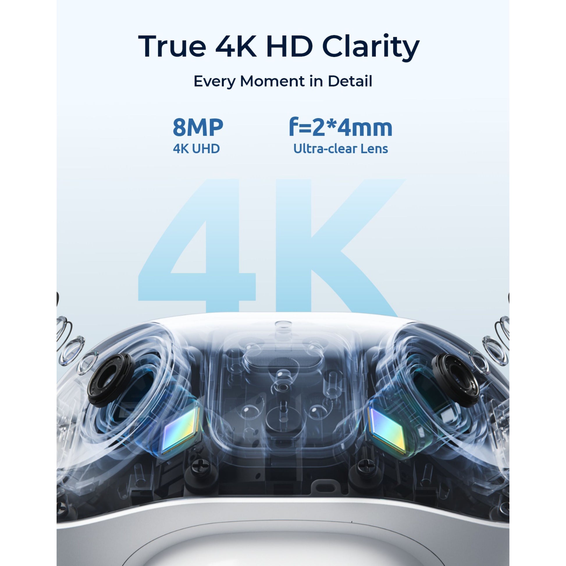 Reolink Argus 4 Pro trådløst 4K overvågningskamera, close-up af linse med 8MP UHD og f=24mm ultraklar linse.