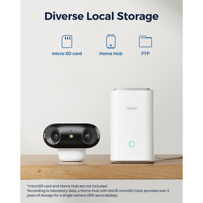 Reolink Argus 4 Pro trådløst 4K kamera og hub med ikoner til microSD, Home Hub og FTP lokal lagring til udendørs brug.