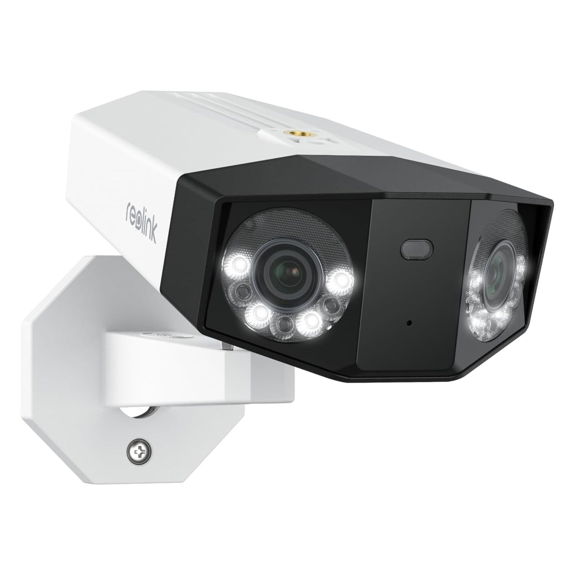 Reolink Duo 3 PoE 16MP hvid/sort overvågningskamera, dobbelte linser, LED-lys, Reolink-logo på siden, monteret beslag.