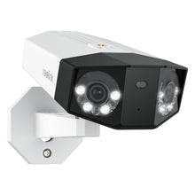 Reolink Duo 3 PoE 16MP hvid/sort overvågningskamera, dobbelte linser, LED-lys, Reolink-logo på siden, monteret beslag.
