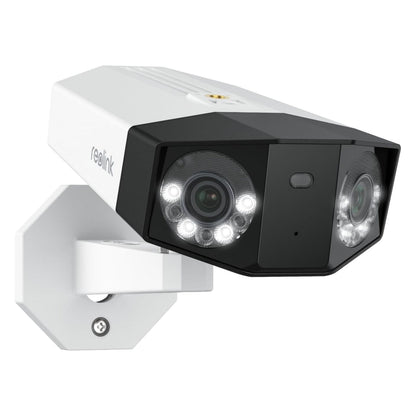 Reolink Duo 3 PoE 16MP hvid/sort overvågningskamera, dobbelte linser, LED-lys, Reolink-logo på siden, monteret beslag.