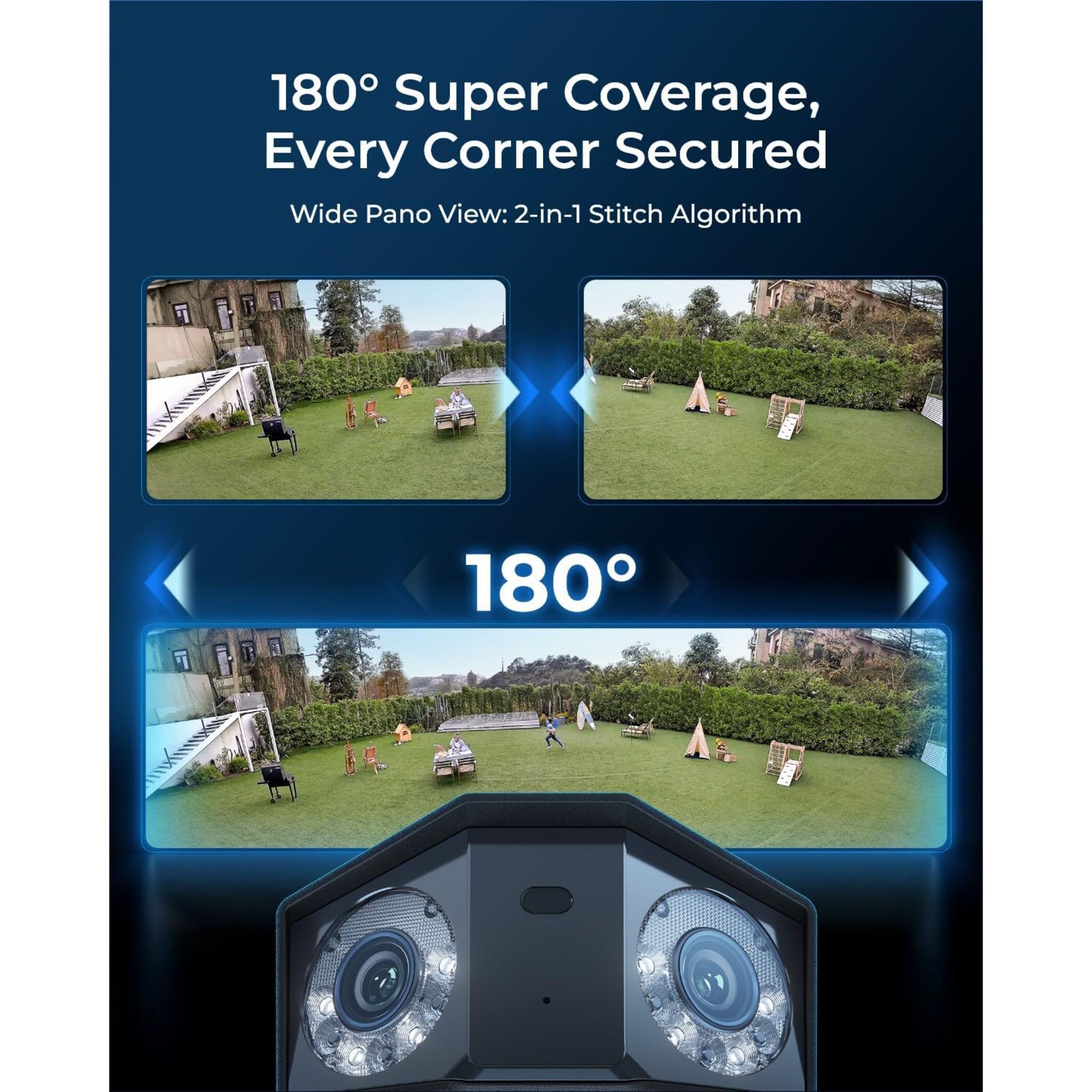 Reolink Duo 3 PoE 16 MP overvågningskamera med 180° panoramisk visning, teksten 180° Super Coverage, Every Corner Secured.