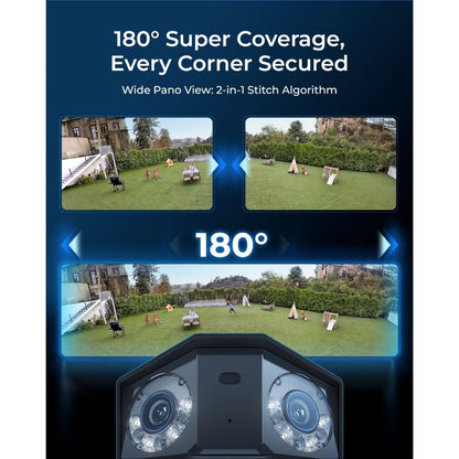 Reolink Duo 3 PoE 16 MP overvågningskamera med 180° panoramisk visning, teksten 180° Super Coverage, Every Corner Secured.