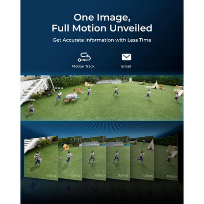 Reolink Duo 3 PoE 16 MP overvågningskamera vises med motion tracking illustration og teksten "One Image, Full Motion Unveiled.