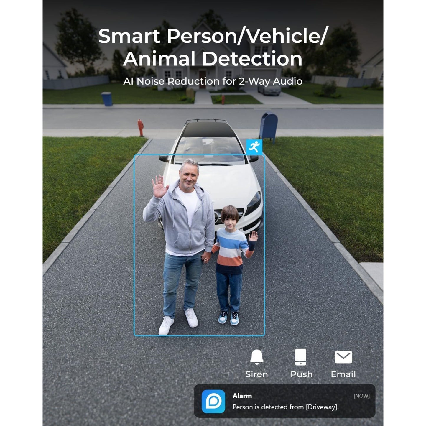 Reolink Duo 3 PoE 16 MP overvågningskamera med Smart Person/Vehicle Detection og AI Noise Reduction, grønne bokse markerer personer.