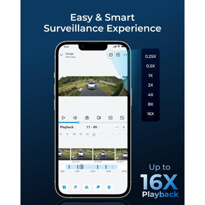 Reolink Duo 3 PoE 16 MP kamera vist på smartphone med overvågning af indkørsel og bil, app viser op til 16X afspilning.