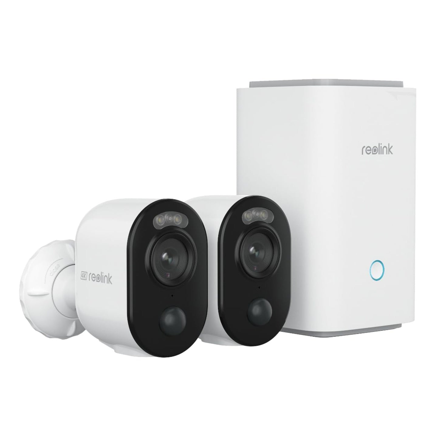 Reolink Home Hub med to hvide Argus 3 Ultra 4K-kameraer, sort frontpanel, hvid basestation med blåt cirkulært lys.