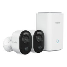 Reolink Home Hub med to hvide Argus 3 Ultra 4K-kameraer, sort frontpanel, hvid basestation med blåt cirkulært lys.