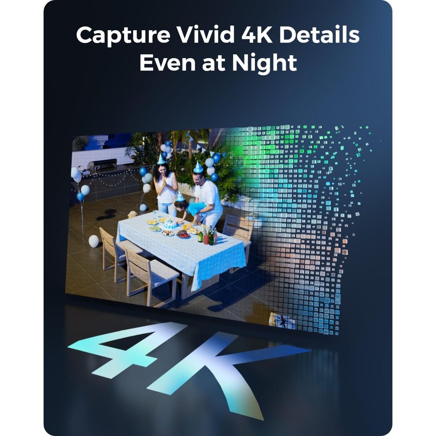 Reolink Home Hub med 2x Argus 3 Ultra 4K-kamera, halvdel af foto pixeleret, tekst "Capture Vivid 4K Details Even at Night.