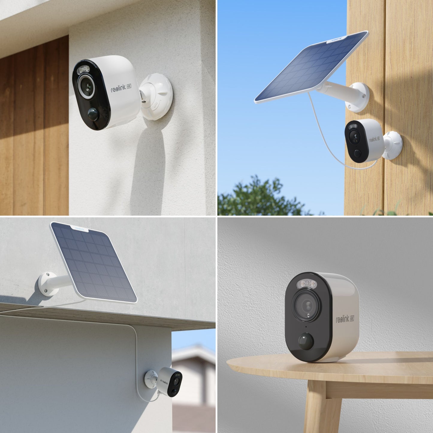 Reolink Argus 3 Ultra trådløst 4K overvågningskamera med solpanel monteret udendørs og stående indendørs.