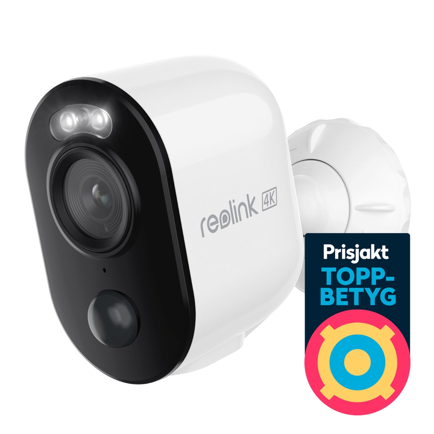 Reolink Argus 3 Ultra trådløst 4K overvågningskamera sort front linse AI-bevægelsesdetektering Prisjakt badge.
