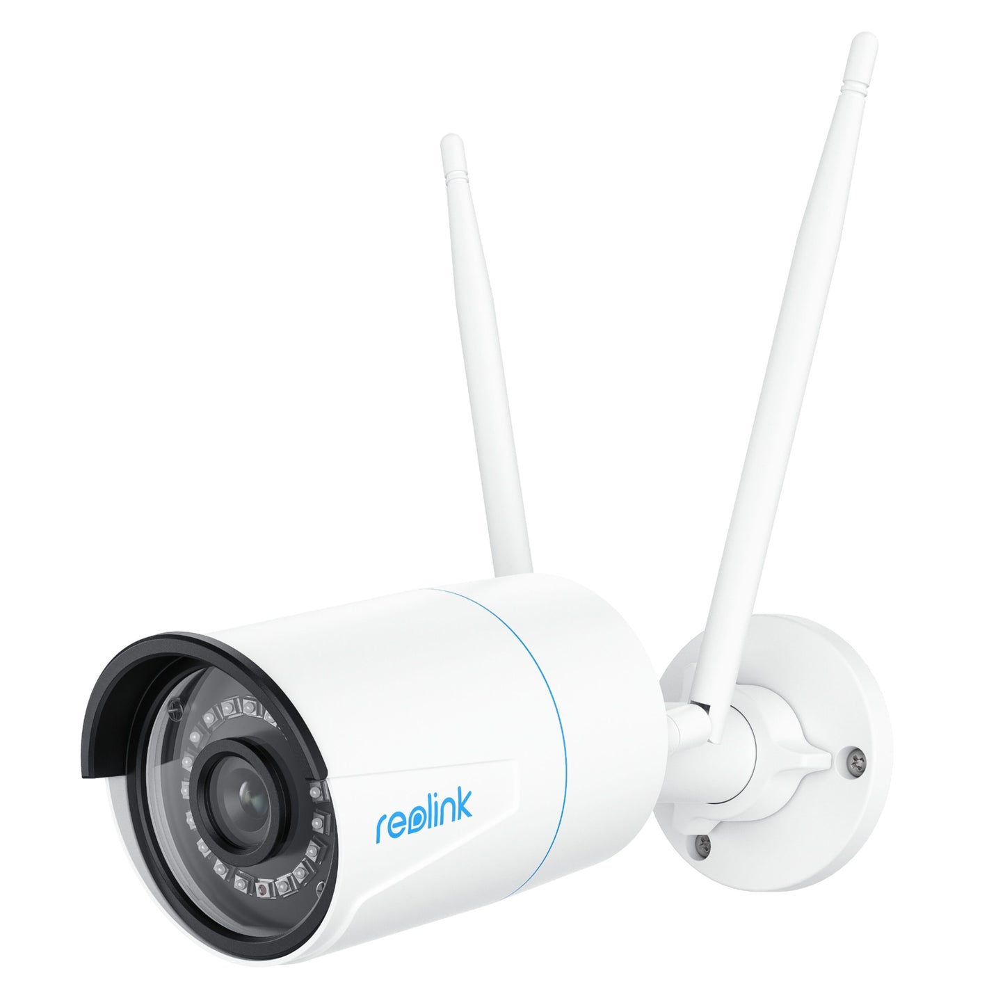 Reolink W320 trådløst 5 MP hvid overvågningskamera med to antenner, infrarød LED omkring linsen, vægbeslag og Reolink-logo.