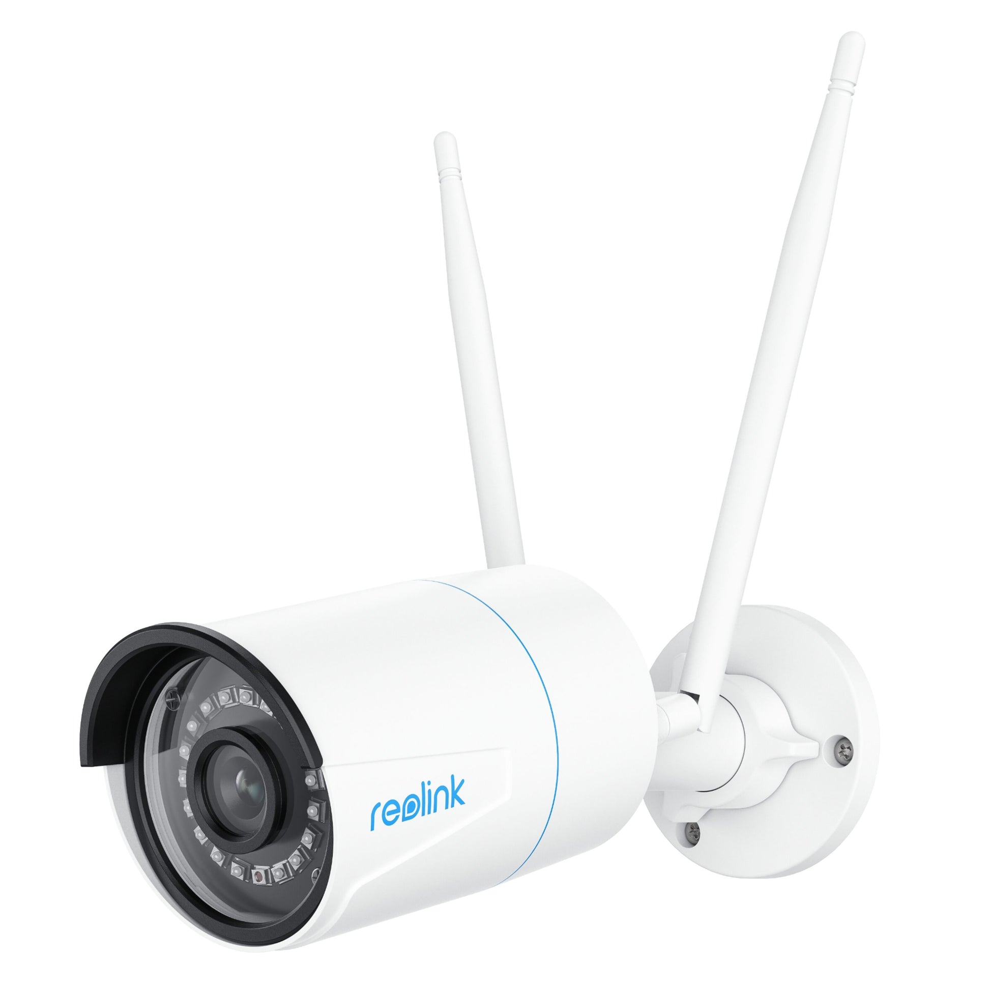 Reolink W320 trådløst 5 MP hvid overvågningskamera med to antenner, infrarød LED omkring linsen, vægbeslag og Reolink-logo.