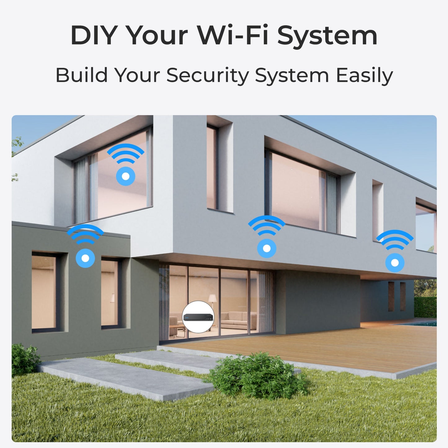 Reolink W320 trådløst 5 MP udendørs overvågningskamera ved moderne hus, Wi-Fi-symboler på vindue og dør.